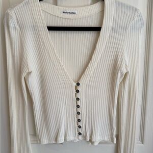 Reformation Cream Button Down Ribbed Crop Blouse